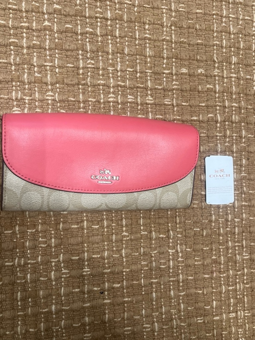 Coach Beige Signature Canvas Wallet with Pink Leather Flap